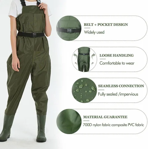 Miniatura 4 de Vadeadores de pecho con botas, de 2 capas de PVC/nailon, impermeables, para caza, pesca, camuflaje y pesca
