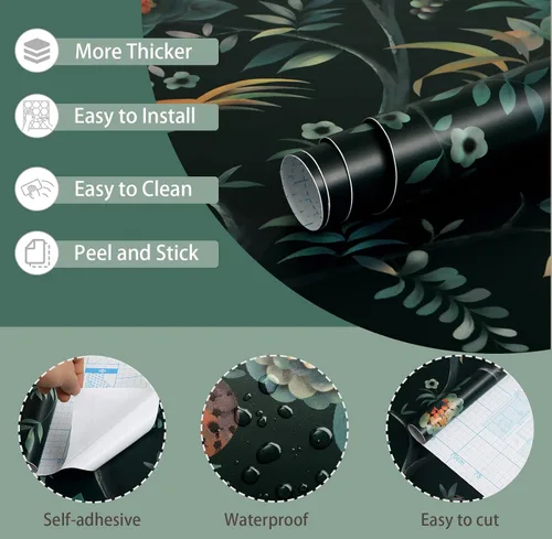 Miniatura 2 de Toduso Papel tapiz para despegar y pegar, papel tapiz floral vintage, papel de contacto con flores verdes, pájaros, árbol, papel de contacto