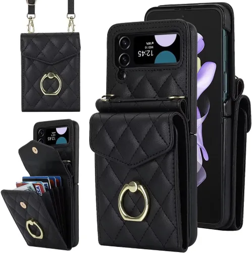 Funda tipo cartera para Samsung Galaxy Z Flip 3 con anillo y correa cruzada ajustable, elegante y multifuncional estilo acordeón con 4 ranuras para