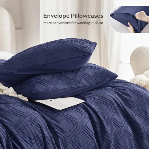 Miniatura 6 de JELLYMONI Funda de edredón tamaño King, color azul marino, juego de funda de edredón de 3 piezas, estilo bohemio a cuadros, de poliéster con Azul