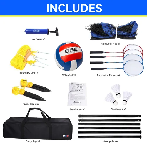 Miniatura 3 de GSE Games & Sports Expert Outdoor Badminton and Volleyball Combo Set, Yard Net Game Set with Ball, Pump, Boundary Line and Carry Bag for Backyard