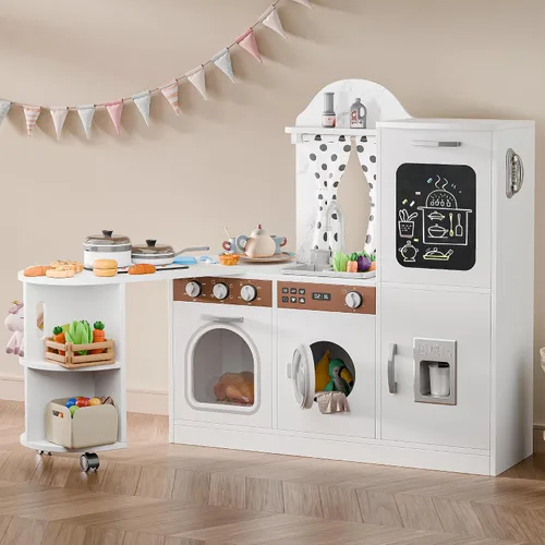 Estación de trabajo de juego de cocina de madera con diseño giratorio de 180°, juego de cocina para niños con luces y sonidos interactivos, juego de