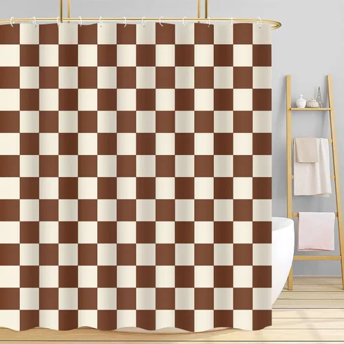 Miniatura 56 de Cortina de ducha a cuadros en blanco y negro, bonita cortina de ducha retro de tablero de ajedrez para decoración de baño, 72 x 72 pulgadas, cortina