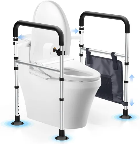 WHLICKS Rieles de seguridad para inodoro, marco de seguridad desmontable ajustable en altura y ancho para personas mayores, ancianos y 2-Negro