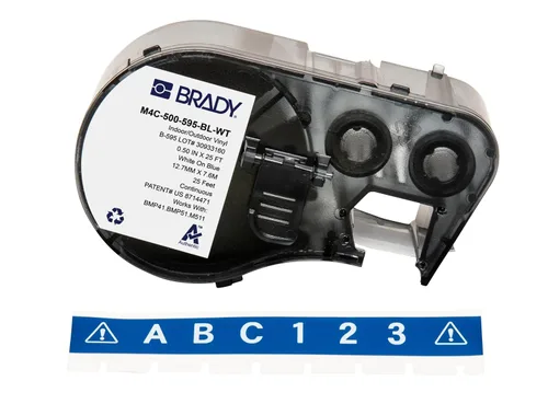 Brady Auténticas etiquetas de vinilo para todo tipo de clima (M4C-500-595-BL-WT) de 0.5 pulgadas de ancho x 25 pies, blancas sobre azul. Para usar