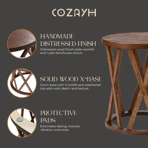 Miniatura 6 de COZAYH Mesa auxiliar de granja, mesa auxiliar redonda rústica con patas de motivos en X, parte superior texturizada de madera, para estilo bohemio