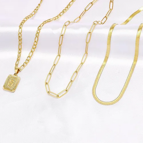Miniatura 6 de Memgift Juego de 3 collares en capas de oro para mujeres y niñas, delicado, moderno, gargantilla de serpiente, collar de acero inoxidable relleno