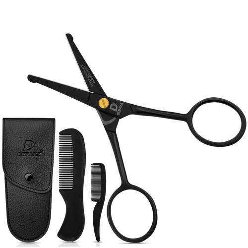 DEMAXA Tijeras de seguridad para bigote con punta redonda de 4.5" y tijeras para barba con 1 peine para bigote, 1 peine para barba y bolsa suave –