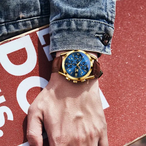 Miniatura 9 de OLEVS Reloj cronógrafo de cuarzo para hombre correa de cuero dorada con fecha de día reloj de pulsera de acero inoxidable impermeable relojes