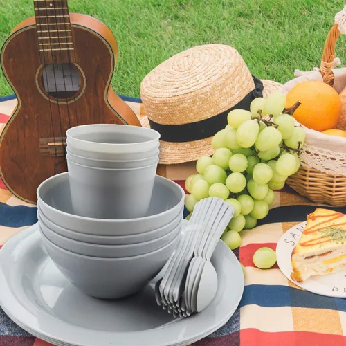 Miniatura 6 de Juego de platos y cuencos de plástico, platos esenciales para dormitorio universitario, platos de campamento, accesorios de vajilla, kit de Gris