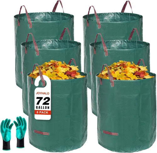 Joyhalo Bolsas de basura reutilizables para patio, 72 galones, paquete de 6, resistentes con guantes de jardinería y 4 asas, soportables, camping y