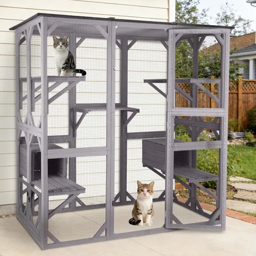 Catio - Caja grande para gatos al aire libre, casa para gatos de 71.1 pulgadas con plataformas y cajas de descanso, jaula de madera para gatos con