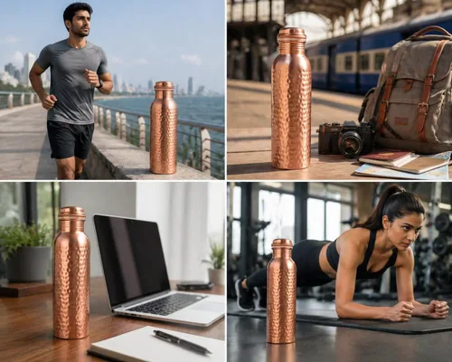 Miniatura 8 de Botella de agua de cobre puro – Hecho a mano – Beneficios para la salud Ayurveda – Grande 34 oz – A prueba de fugas, fácil de llevar para deportes