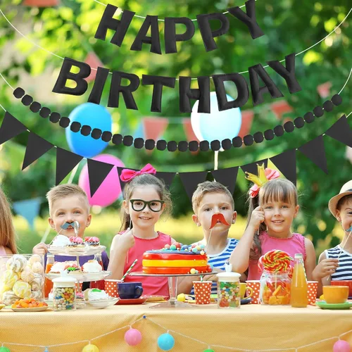 Miniatura 7 de CANREVEL Pancarta de Feliz Cumpleaños 3D Pre-enhebrada, 3 PIEZAS Guirnalda de Fieltro Negro Feliz Cumpleaños, Guirnalda de Pompones, Banderines