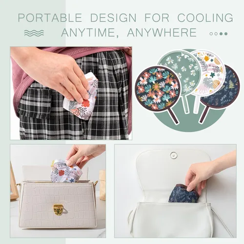 Miniatura 5 de Kigley 12 ventiladores de mano redondos plegables a granel, 4 estilos de abanicos plegables de mano con bolsa portátil para verano, bodas