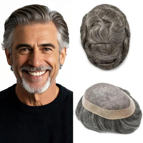 Miniatura 70 de Durable Fine Mono Toupee Hair Pieces para hombres Sistema de reemplazo de pelo para hombre Toupee pelo humano real protesis capilar para hombre 6x8