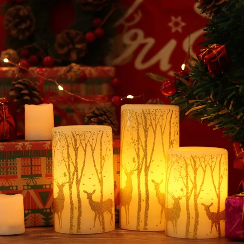 Miniatura 4 de Wondise Velas parpadeantes sin llama con temporizador, funcionan con pilas, cera real, con calcomanía de ciervo dorado, velas LED para decoración