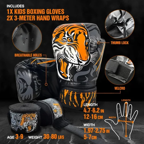 Miniatura 6 de Guantes de boxeo para niños con envolturas de mano para niñas y niños de 3 a 8 años, juego de boxeo de entrenamiento, guantes de golpeo Naranja