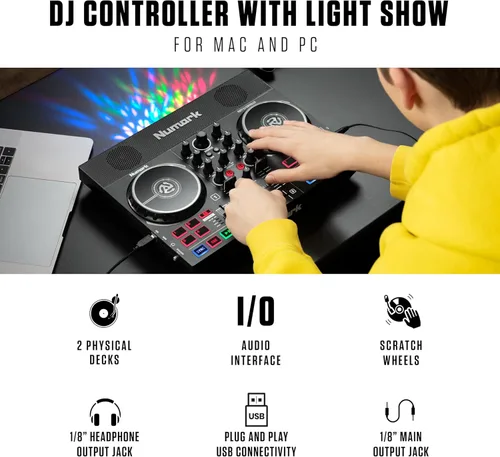 Controlador de DJ y paquete DMX – Juego completo de DJ con mezclador, interfaz de audio y altavoces integrados – Numark Party Mix Live & SoundSwitch