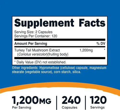 Miniatura 2 de Nutricost Cápsulas de hongo cola de pavo de 1200 mg, 120 porciones (240 cápsulas), sin gluten, sin OMG y aptas para vegetarianos