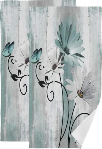 Miniatura 8 de Juego de 2 toallas de mano de color azul y marrón para baño, diseño rústico de margaritas blancas y florales, de primavera, suaves, absorbentes