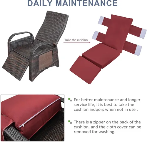 Miniatura 7 de Skypatio Silla reclinable de mimbre para exteriores con mesa auxiliar, respaldo ajustable independientemente y reposapiés, silla reclinable para Rojo