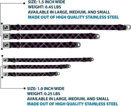 Miniatura 3 de Buckle-Down Collar de perro con hebilla para cinturón de seguridad, a cuadros, negro, morado, gris, 1 pulgada de ancho, se adapta a cuello de 9 a 15