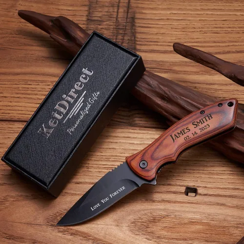 Miniatura 11 de Cuchillo plegable de bolsillo personalizado grabado con caja de madera para novio, marido, papá, hijo, cuchillo de caza de pesca único para hombres