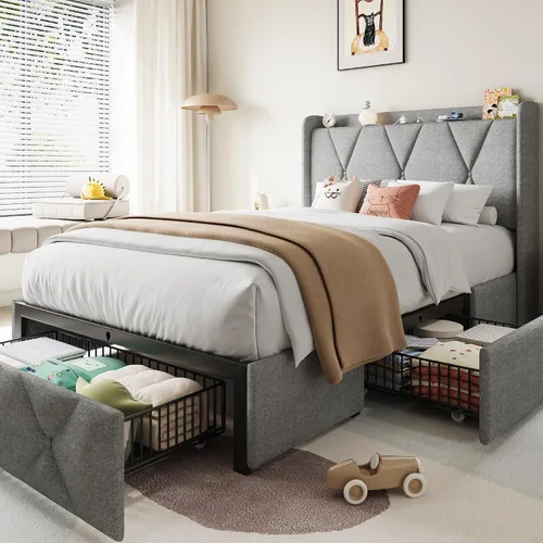 Miniatura 15 de Einhomn Marco de cama de tamaño completo con 4 cajones de almacenamiento y estación de carga, marco de cama plataforma tapizada con cabecera de Beige