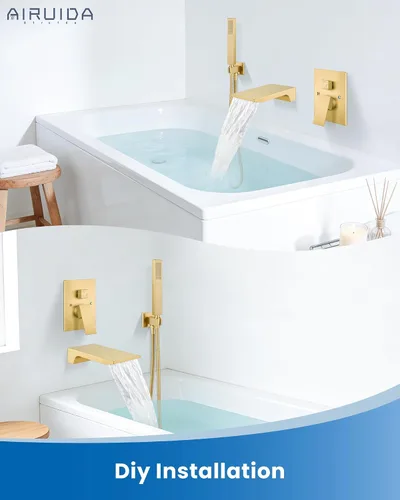Miniatura 7 de Airuida Grifo de bañera de montaje en pared con boquilla de cascada, grifo de bañera montado en la pared con ducha de mano de una sola manija, juego