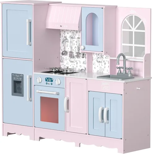 BRINJOY Juego de cocina para niños, juego de cocina de madera para niños con grifo, fregadero, estufa, horno, ventana, utensilios de cocina, Rosa y