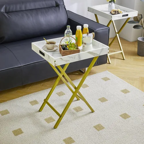 Miniatura 9 de IBUYKE Juego de 2 bandejas plegables para TV, mesa auxiliar con bandeja extraíble para servir alimentos, mesa portátil de madera para sala de estar