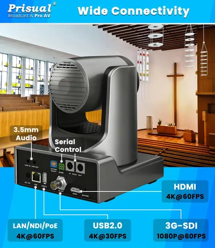 Miniatura 7 de Cámara PTZ Ultra 4K PRO NDI Prisual Gen 5, SDI HDMI USB IP con zoom óptico 20x 1/1.8" UHD CMOS 8.42MP, cámara PTZ 4K 60fps con seguimiento