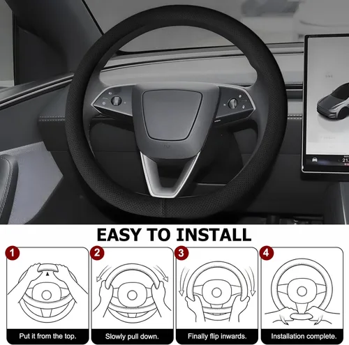Miniatura 3 de Funda universal de cuero de microfibra para volante de 14.5 a 15 pulgadas, fácil de instalar, antideslizante, transpirable, protector de volante