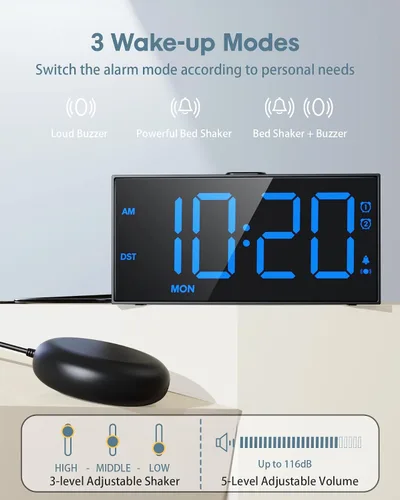Miniatura 2 de Reloj despertador fuerte para adultos que duermen profundamente, con vibración para la cama y 2 alarmas para todos los días/días laborables/fin