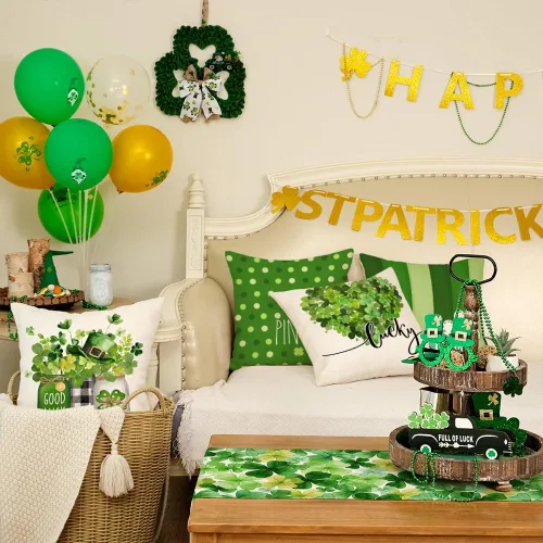 Miniatura 4 de GEEORY Juego de 4 fundas de almohada del Día de San Patricio de 18 x 18 pulgadas, juego de 4 fundas de almohada con diseño de trébol verde con Verde
