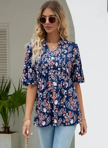 Miniatura 4 de HOCOSIT - Camiseta de manga corta con olanes y cuello en V con estampado de flores, plisada y abotonada, para mujer