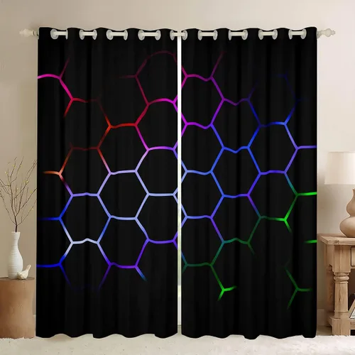 Miniatura 51 de Feelyou - Cortinas de ventana en forma de panal, tema geométrico hexagonal con luces de neón verdes, para chicos adolescentes y hombres, elegante