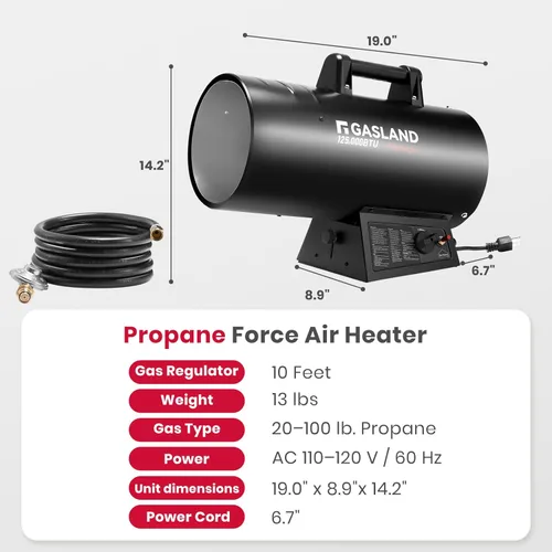Miniatura 7 de GASLAND Flame Jet Calentador de Aire Forzado de Propano de 125,000 BTU, Calentador de Propano Portátil para Garaje, Taller, Sitio de Trabajo