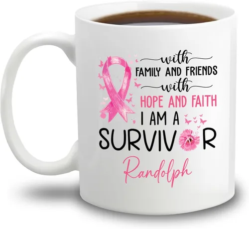 Miniatura 22 de Taza de café de concientización sobre el cáncer de mama con nombre personalizado, taza de café de 11 onzas, taza de té de cerámica blanca