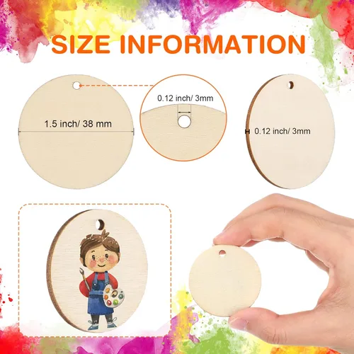 Miniatura 3 de 100 piezas de discos de madera redondos sin terminar con orificios, círculos de madera natural en blanco para manualidades, recortes de madera