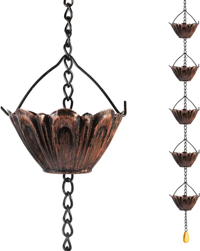 Miniatura 6 de Vindar Cadena de lluvia, cadena de lluvia de 8.5 pies para canalones, MG4591 (color bronce rojo) colector de lluvia para bajante con adaptador, 10