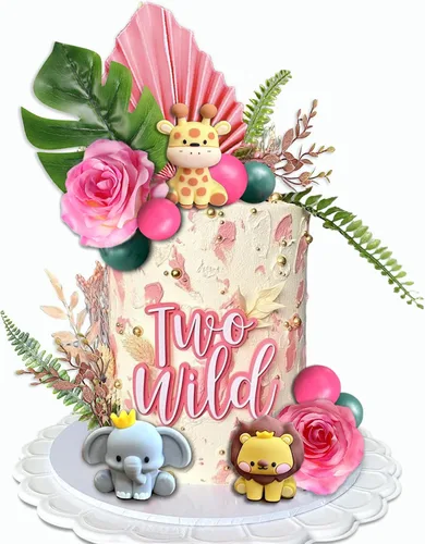 Miniatura 2 de 22 adornos de animales de selva de safari para tartas, bolas de flores, decoración de tartas con hojas de palmeras bohemias, juguetes de animales