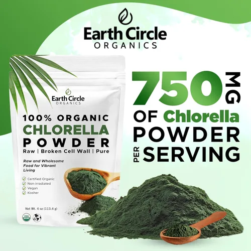 Miniatura 4 de Earth Circle Organics Chlorella en polvo orgánico Vegano, Kosher, pared celular rota, alto en proteínas, fibra y clorofila Algas súper verdes