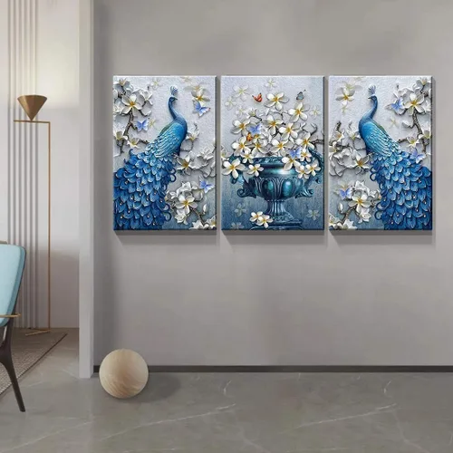 Miniatura 5 de Denozer Lienzo decorativo para pared, 3 paneles, 24 x 32 pulgadas, elegante, pavo real azul con imagen floral blanca, impresión de pintura de Art01