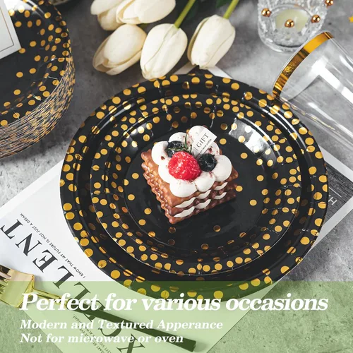 Miniatura 5 de Lullaby 200 piezas de platos de papel negros, plato de papel negro y dorado, 100 piezas de platos de cena de 9", 100 piezas de platos de postre