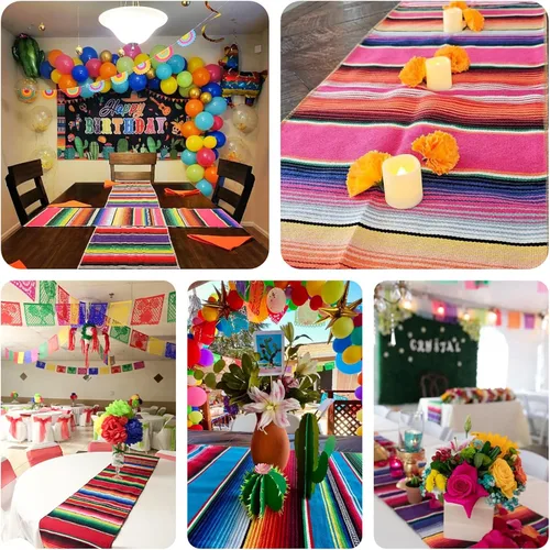 Miniatura 3 de Camino de mesa mexicano de 14 x 108 pulgadas, diseño de rayas de arcoíris, decoración temática de fiesta mexicana grande para fiesta del Cinco