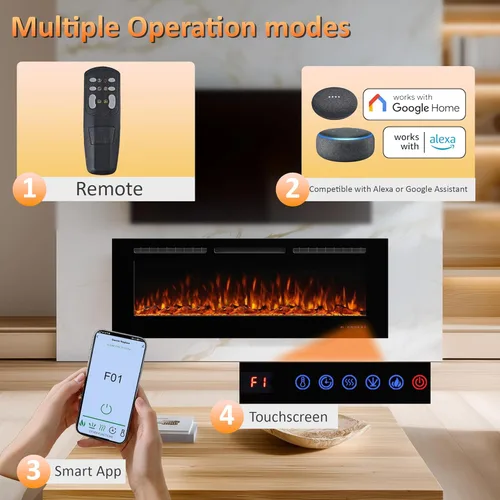 Miniatura 3 de Chimenea eléctrica de 45 pulgadas, insertos de chimenea para montar en la pared y empotrar, llama multicolor con 5 atenuadores, termostato