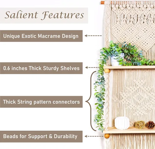 Miniatura 3 de Estante de Pared de Macramé Colgante (Nivel 2, Blanco Natural)