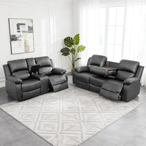 Miniatura 12 de Juego de sofá modular reclinable manual para sala de estar, sofá reclinable en forma de L, seccional de cuero con portavasos/almacenamiento